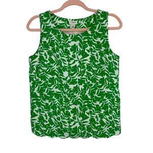 J Crew Sleeveless Top Size XS Green Floral Scalloped Hem Overlapped Back Pullove